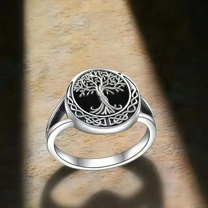 Tree of Life Silver & Black Ring
