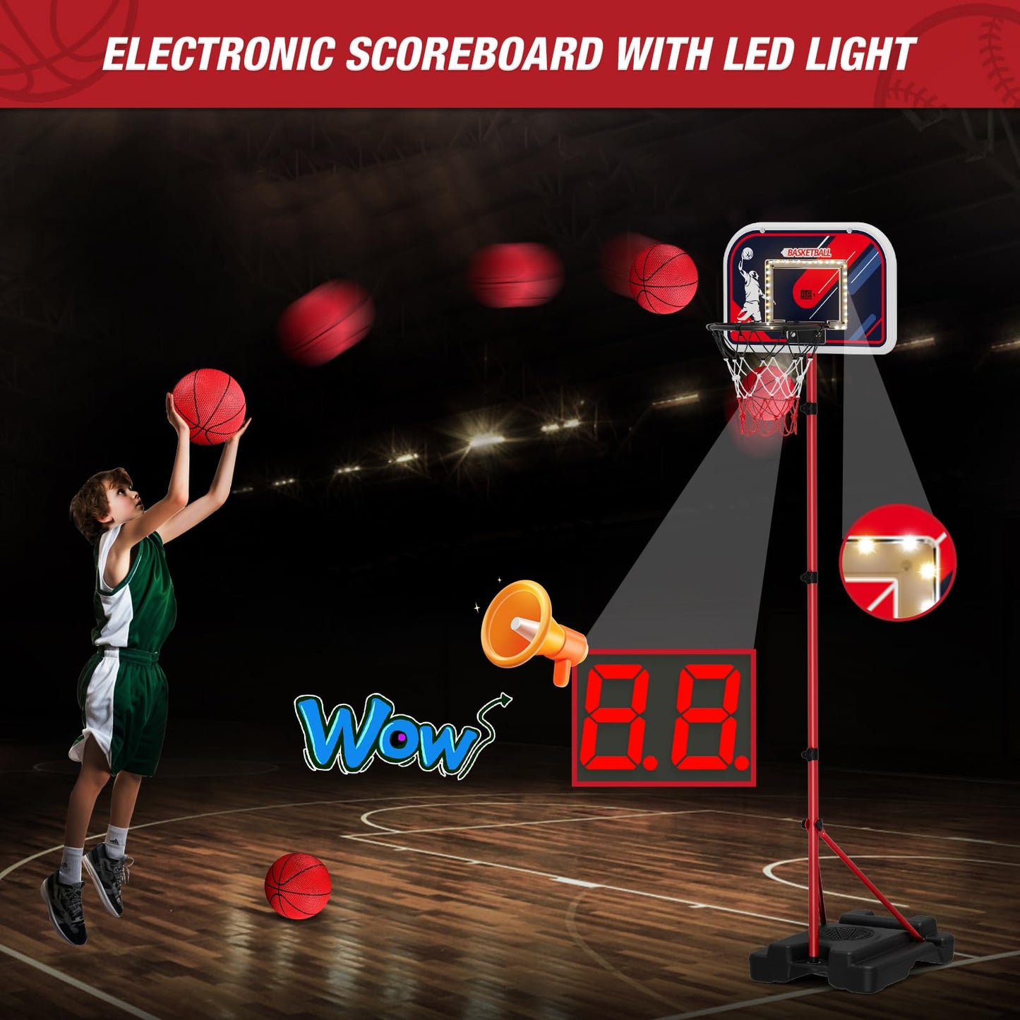 4 in 1 Kids Basketball Hoop and Baseball Set with Scoreboard & LED Lights