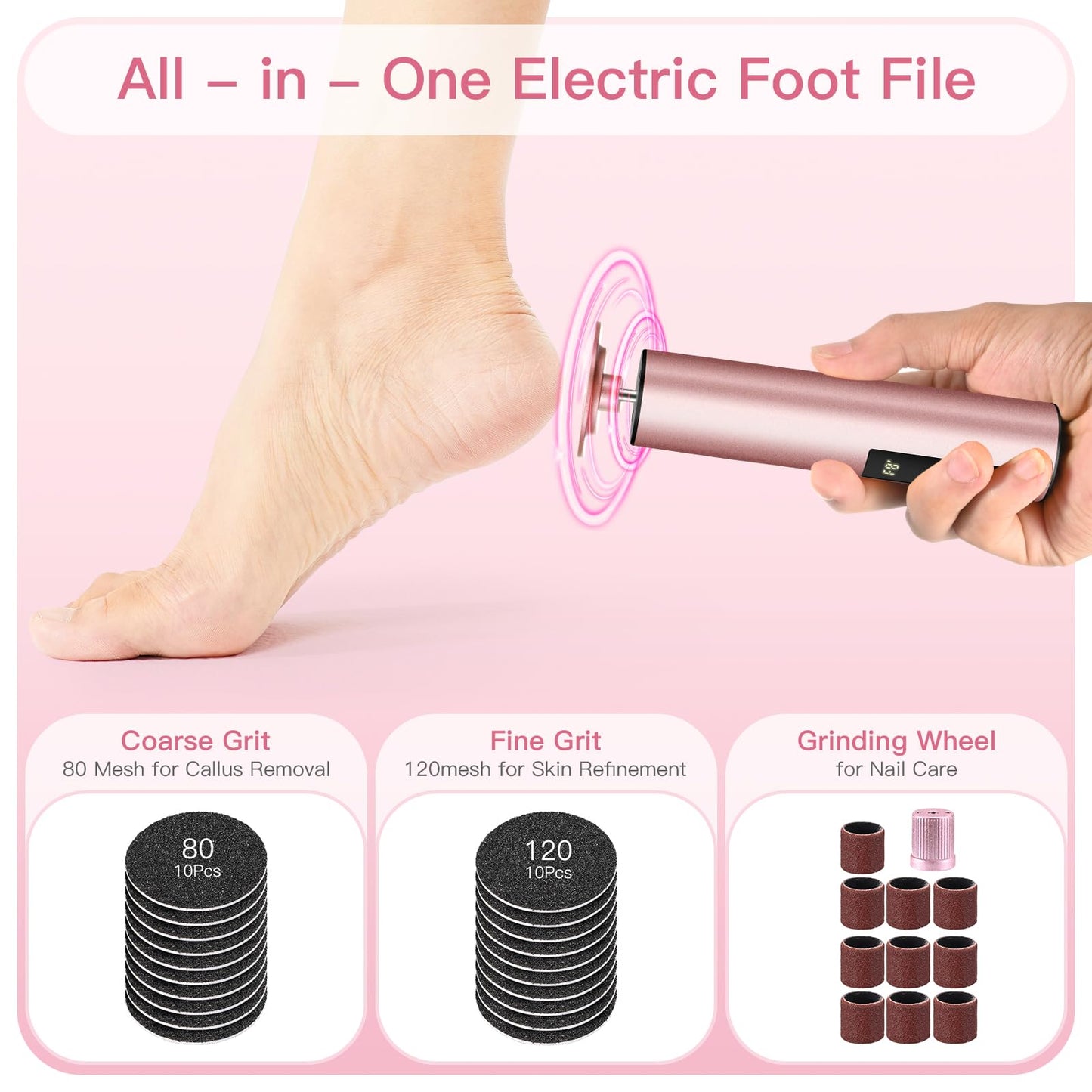 Electric Foot File Callus Remover with 60 Sandpaper Discs - Pink