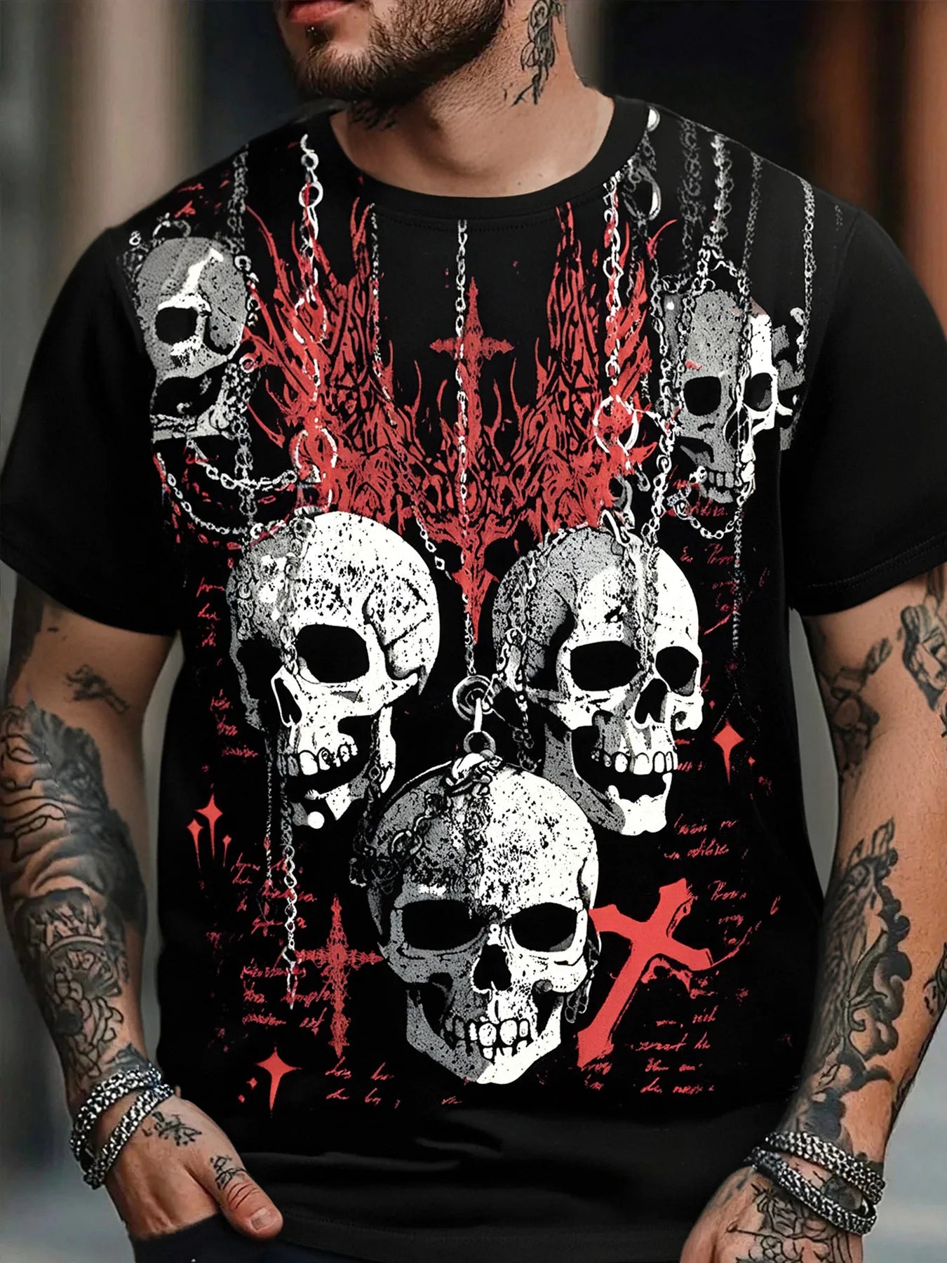 💀 Men’s Black/Red Skull & Crosses Gothic T-Shirt 💀