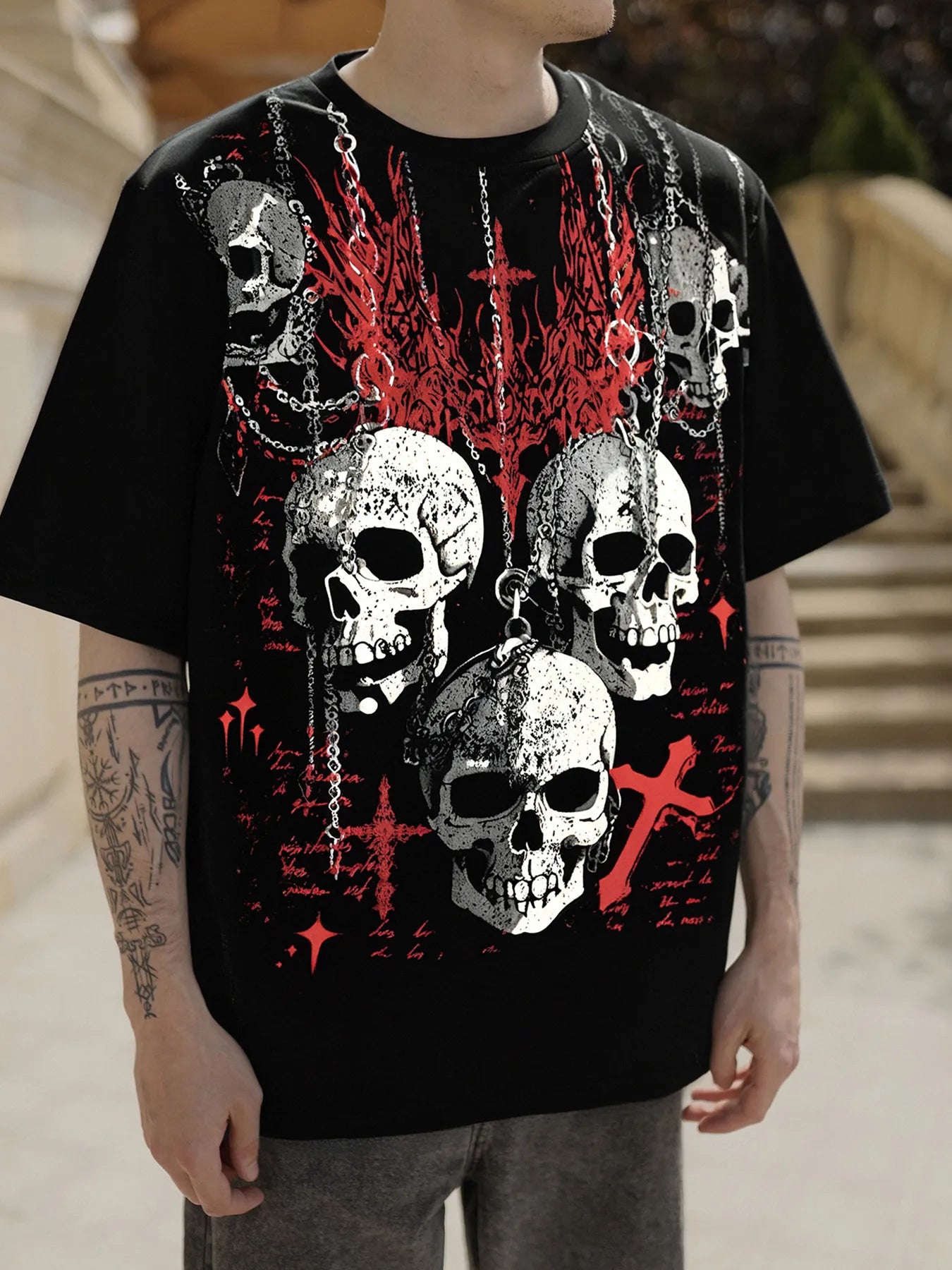 💀 Men’s Black/Red Skull & Crosses Gothic T-Shirt 💀