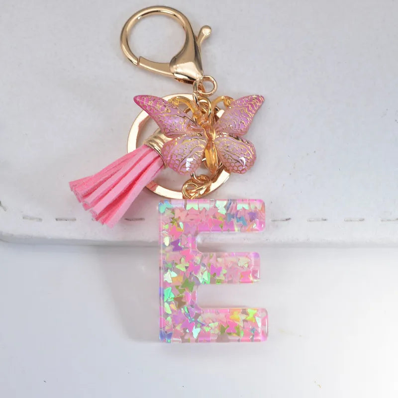 Pink Glitter Initial With Butterfly Charm Keyrings