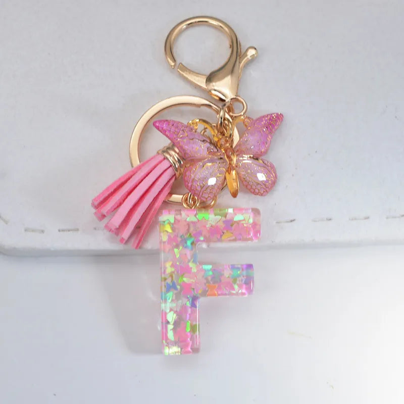 Pink Glitter Initial With Butterfly Charm Keyrings
