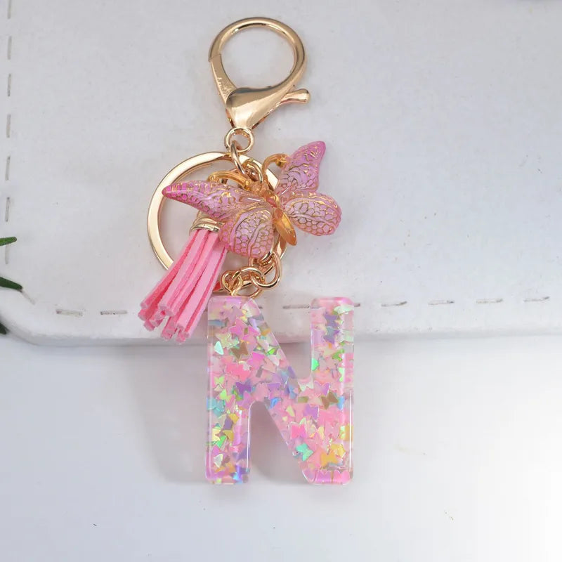Pink Glitter Initial With Butterfly Charm Keyrings