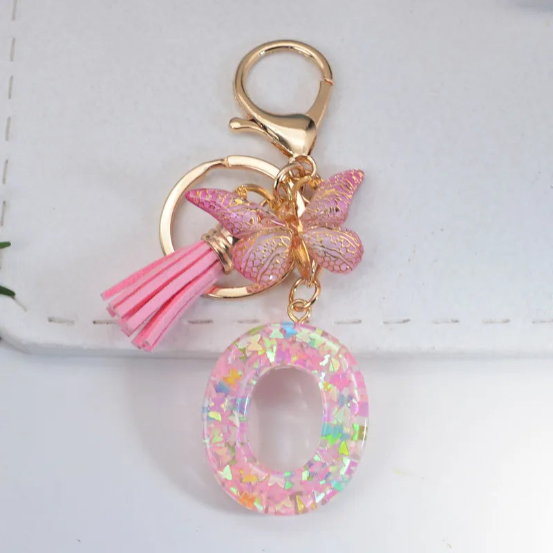Pink Glitter Initial With Butterfly Charm Keyrings