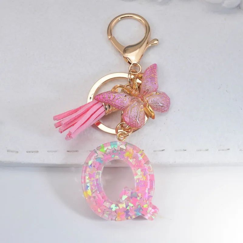 Pink Glitter Initial With Butterfly Charm Keyrings