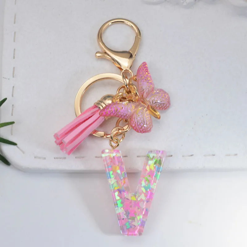 Pink Glitter Initial With Butterfly Charm Keyrings