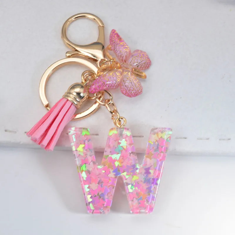 Pink Glitter Initial With Butterfly Charm Keyrings