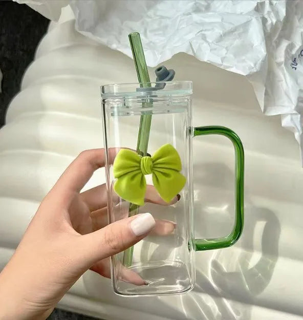 🎀✨ Glass Cup with 3D Bow Decal & Straw ✨🎀