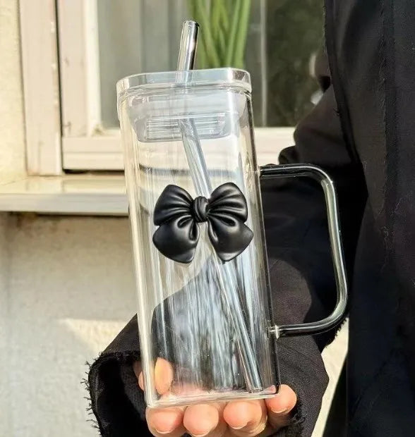 🎀✨ Glass Cup with 3D Bow Decal & Straw ✨🎀