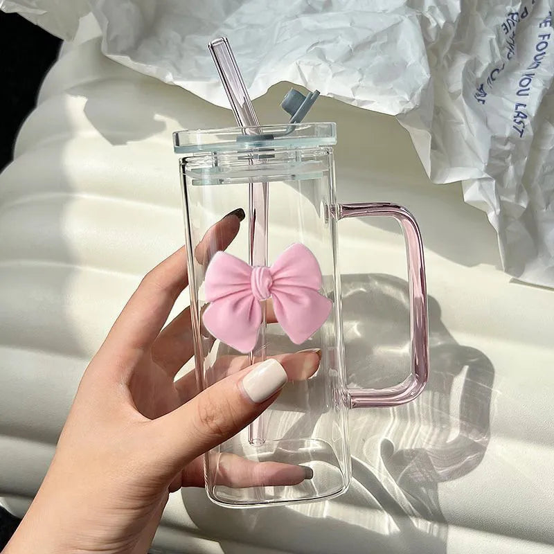 🎀✨ Glass Cup with 3D Bow Decal & Straw ✨🎀