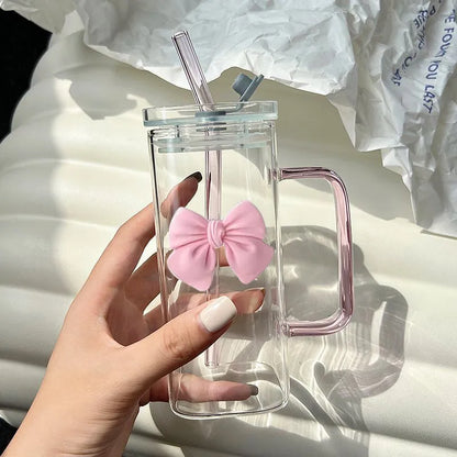 🎀✨ Glass Cup with 3D Bow Decal & Straw ✨🎀