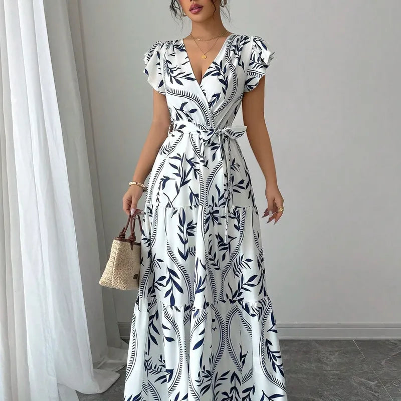 🤍💙 Summer Printed Slimming V-Neck Gown 💙🤍