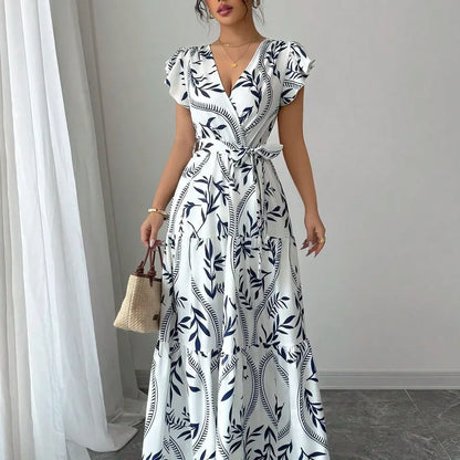 🤍💙 Summer Printed Slimming V-Neck Gown 💙🤍