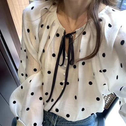 🤍🖤 Loose Fit V-Neck Polka Dot Blouse 🖤🤍