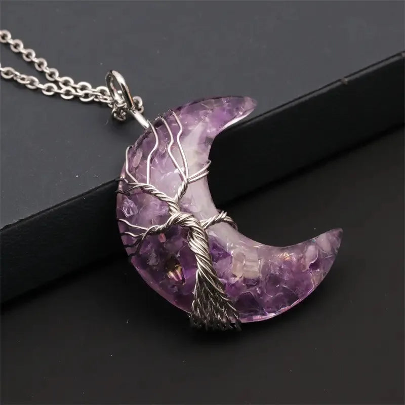 🌙🌳 Crystal Tree of Life Crescent Moon Pendant Necklace 🌳🌙