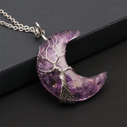 🌙🌳 Crystal Tree of Life Crescent Moon Pendant Necklace 🌳🌙