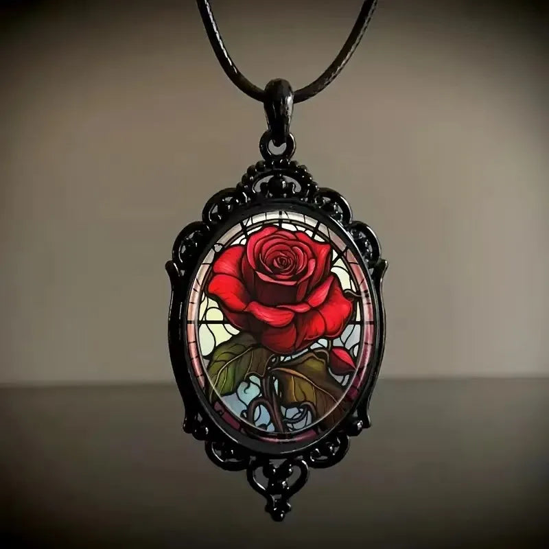 🌹 Retro Red Rose Oval Pendant Necklace 🌹