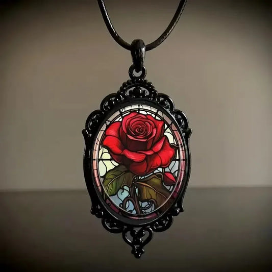 🌹 Retro Red Rose Oval Pendant Necklace 🌹