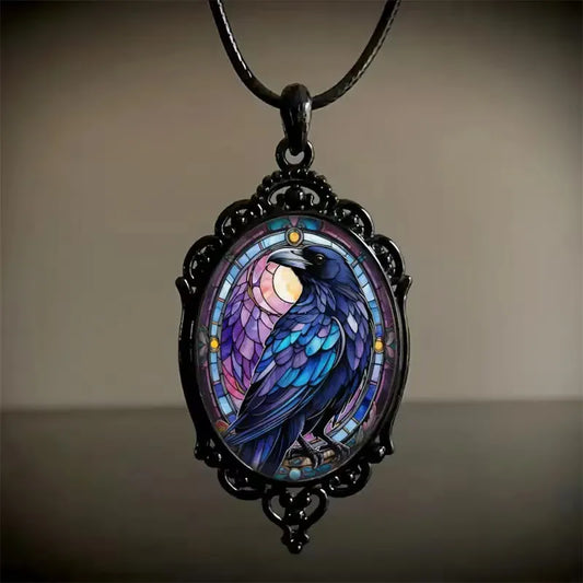 🖤 Retro Stained Glass Raven Oval Pendant 🖤
