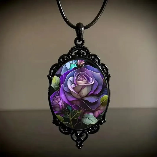 💜 Retro Purple Rose Oval Pendant Necklace 💜