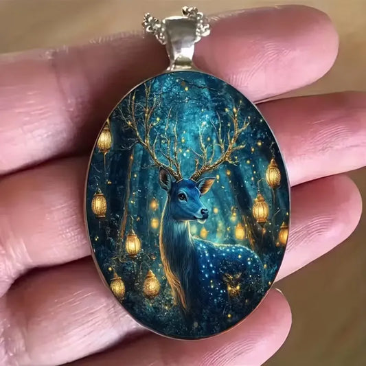 🦌💙 Retro Blue Stag Oval Pendant Necklace 💙🦌
