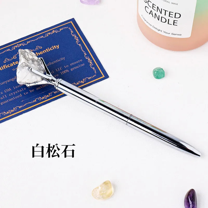 🖊️💎 Silver Natural Stone & Gold Sphere Crystal Ballpoint Pens 💎🖊️