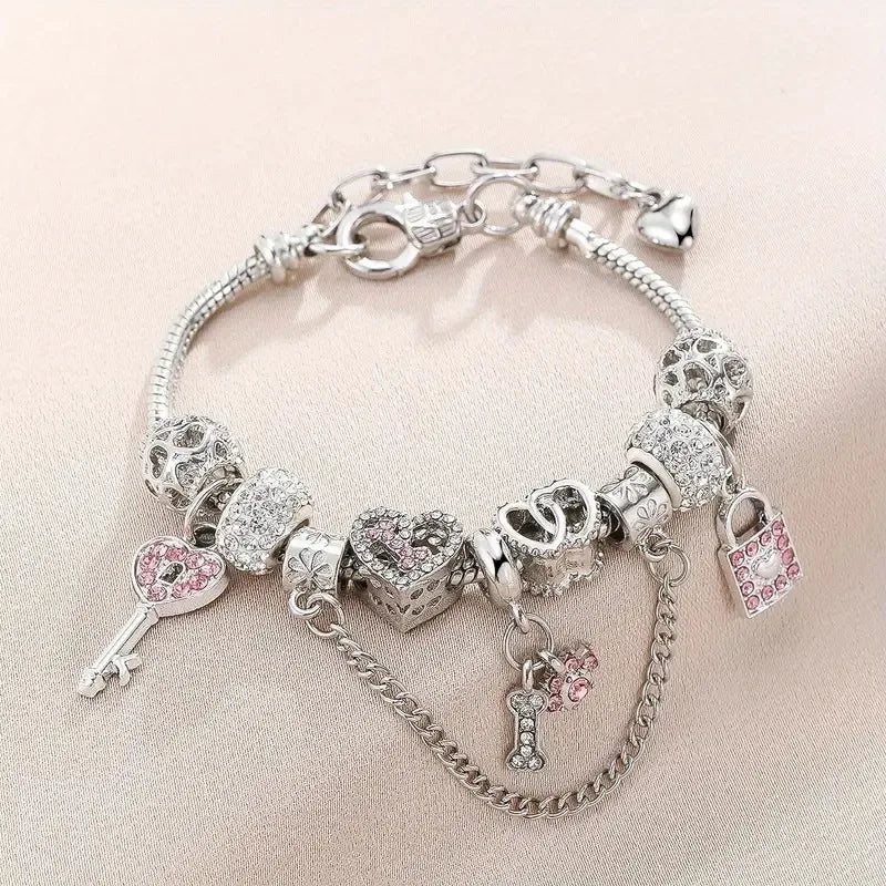 🦴 Pink & Silver Diamante Bone & Paw Print Charm Bracelet 🦴