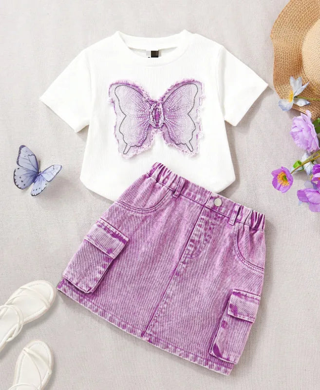 🦋🌸 Girls' Denim Butterfly Skirt Co-Ord Set 🌸🦋
