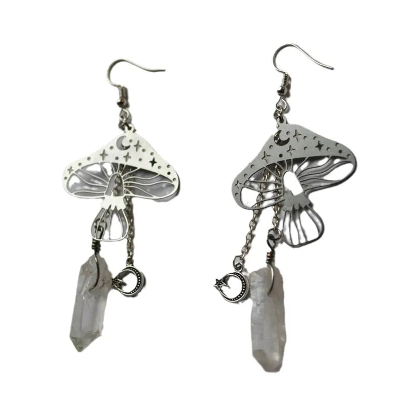 🌙🍄 Crystal Clear Quartz Mushroom & Moon Star Dangle Earrings 🍄🌙