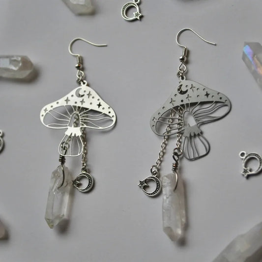 🌙🍄 Crystal Clear Quartz Mushroom & Moon Star Dangle Earrings 🍄🌙