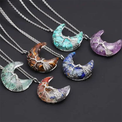 🌙🌳 Crystal Tree of Life Crescent Moon Pendant Necklace 🌳🌙