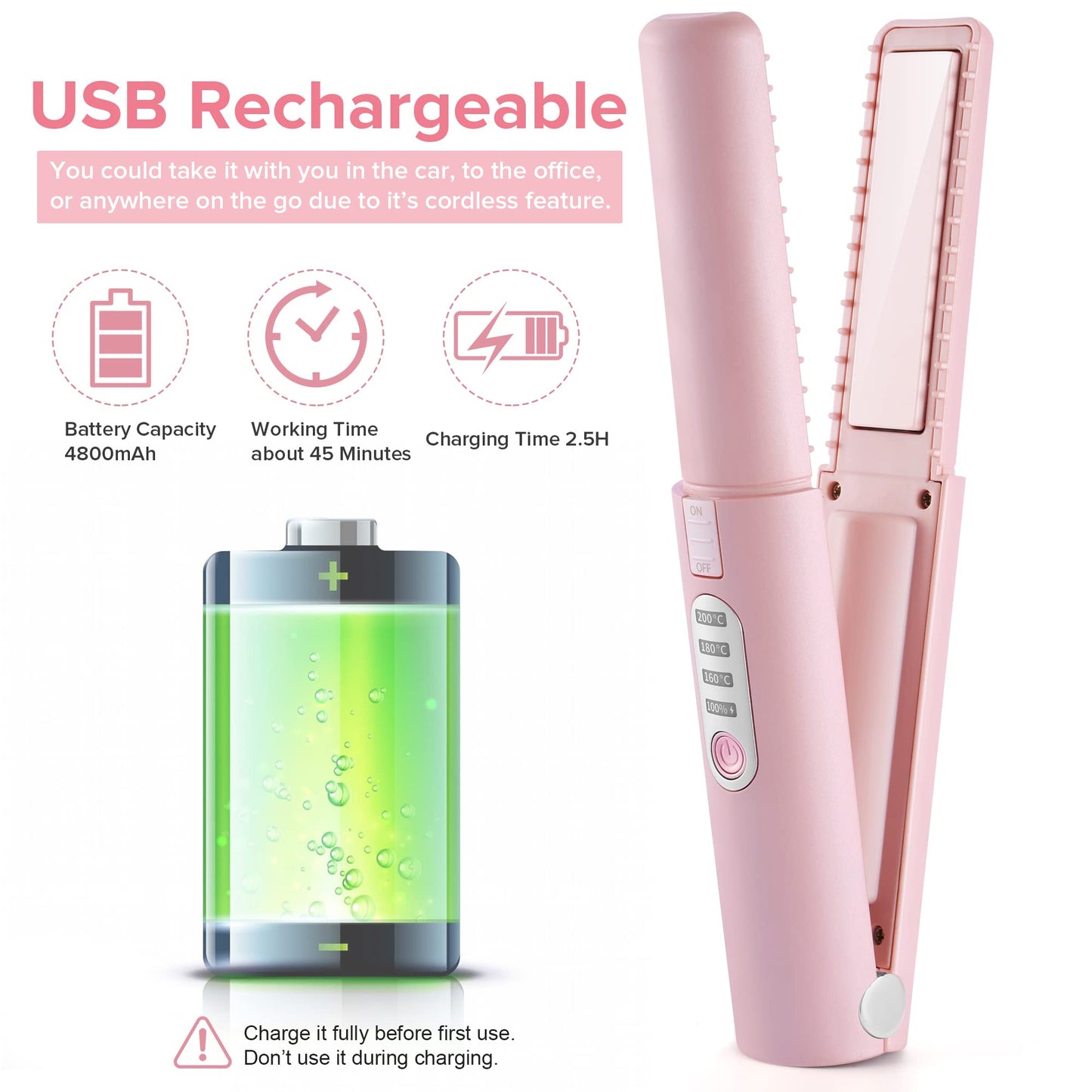 One Size Cordless Hair Straightener and Curler - Pink