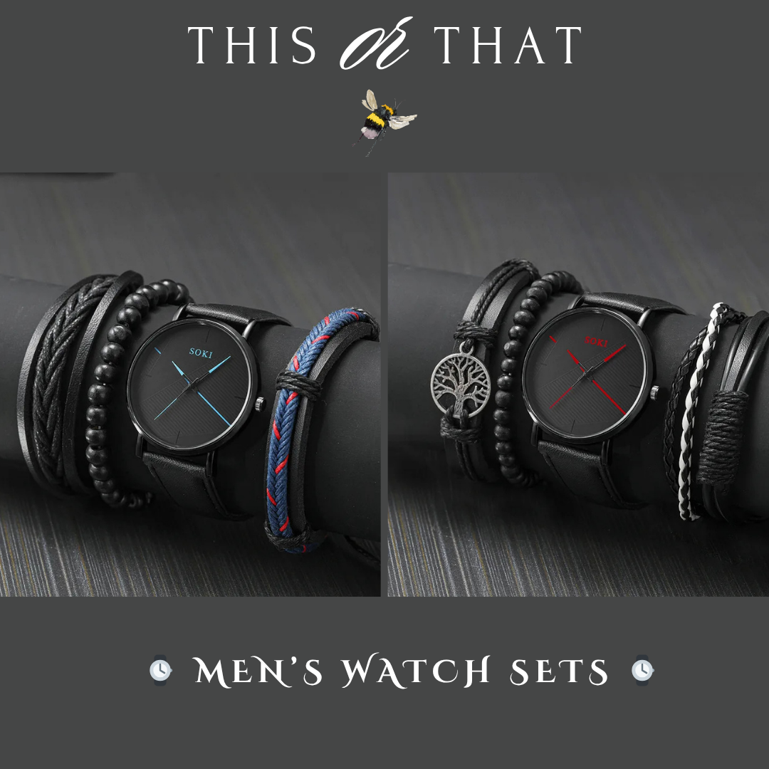 ⌚️❤️ Men’s Belt Round Pointer Quartz Watch & Bracelet Set 💙⌚️