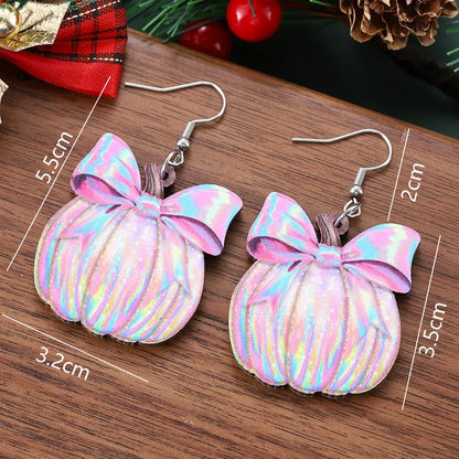 🎀 Pastel Shimmery Pink Bow Pumpkin Earrings 🎃