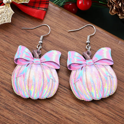 🎀 Pastel Shimmery Pink Bow Pumpkin Earrings 🎃