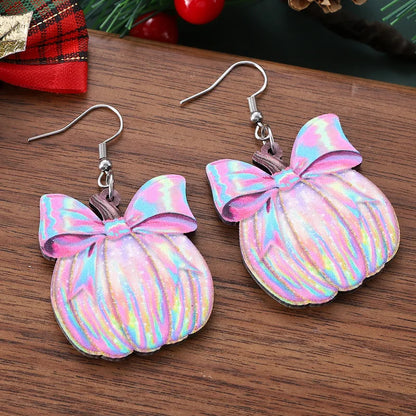🎀 Pastel Shimmery Pink Bow Pumpkin Earrings 🎃