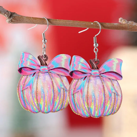🎀 Pastel Shimmery Pink Bow Pumpkin Earrings 🎃