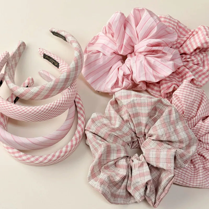 🌸 Sweet Pink Plaid Hair Band & Scrunchie Set 🌸