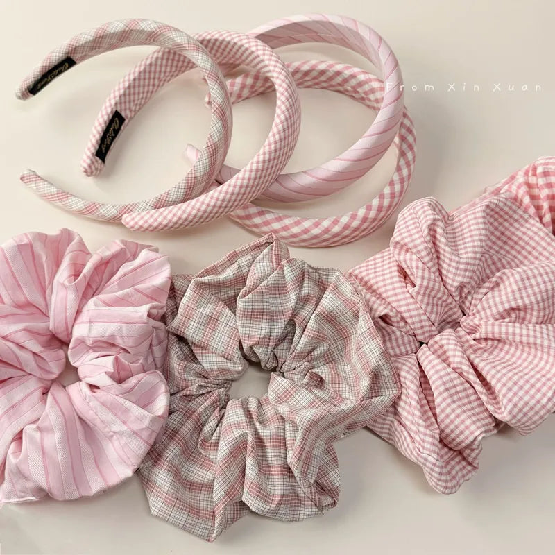 🌸 Sweet Pink Plaid Hair Band & Scrunchie Set 🌸