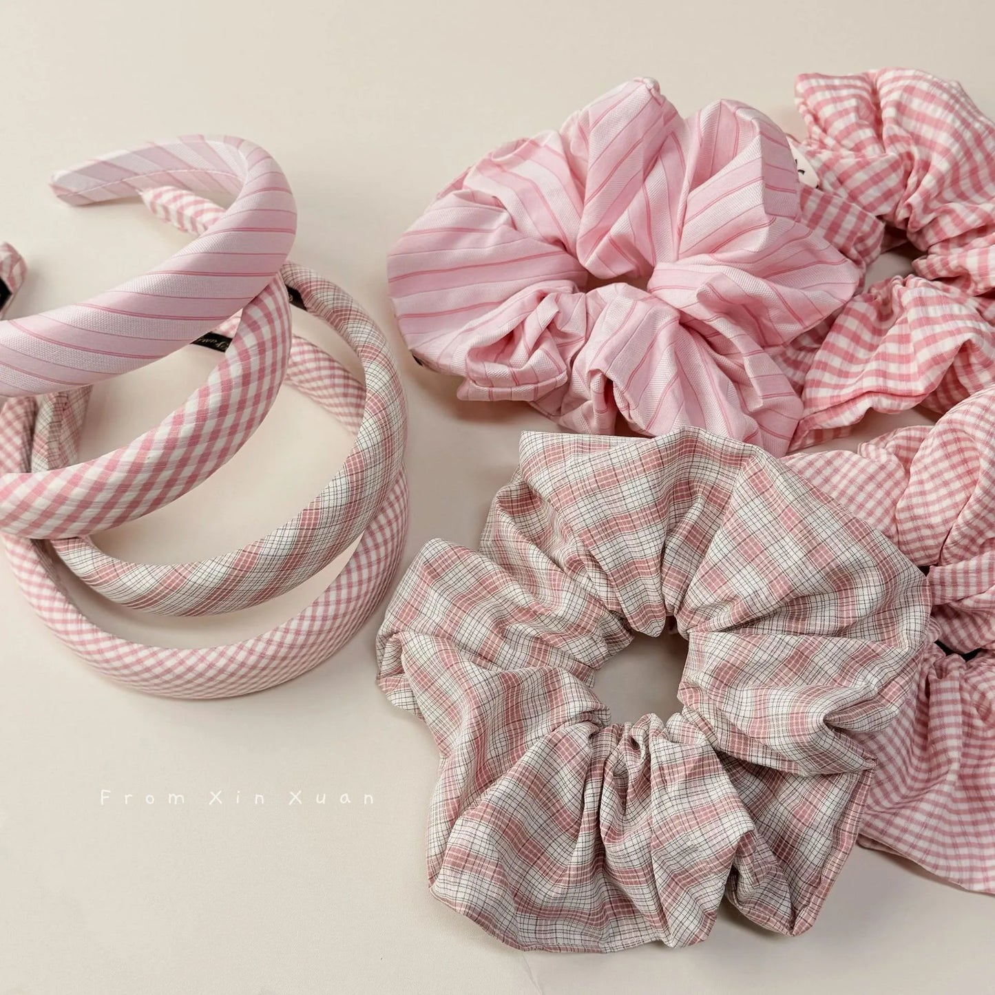 🌸 Sweet Pink Plaid Hair Band & Scrunchie Set 🌸