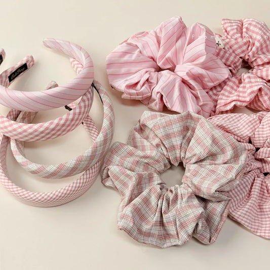 🌸 Sweet Pink Plaid Hair Band & Scrunchie Set 🌸