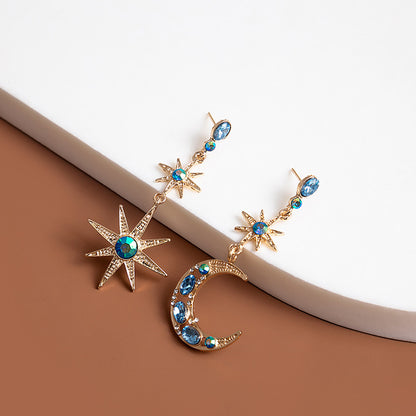 🌙💙 Retro Star & Moon Rhinestone Drop Earrings 💙🌙