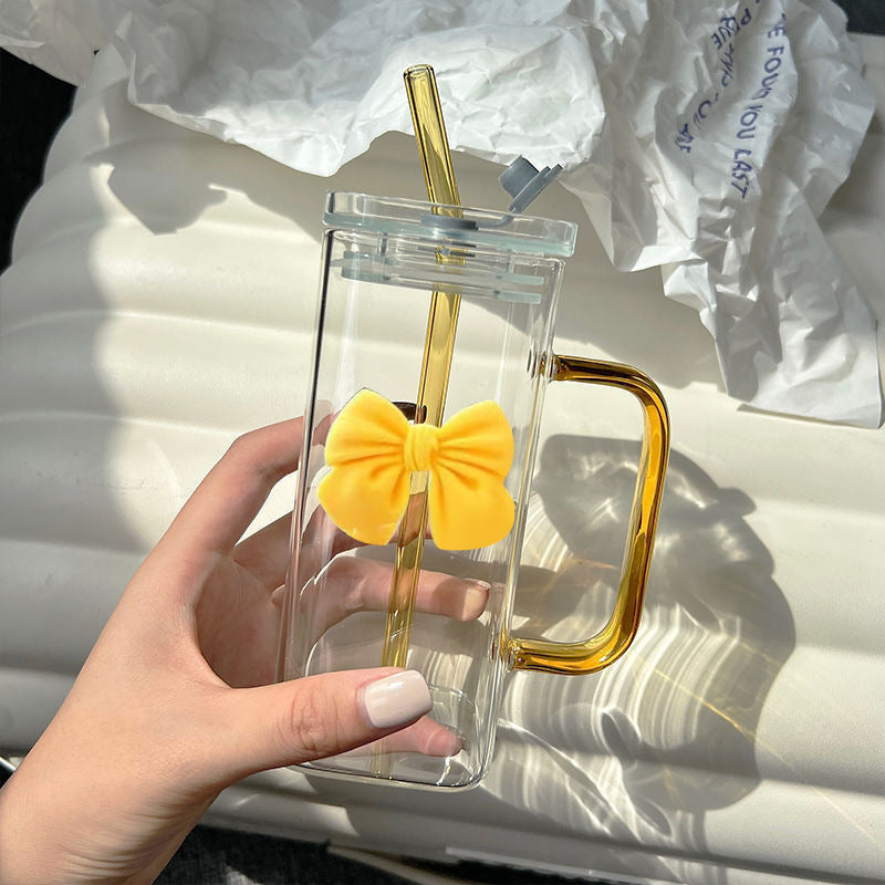🎀✨ Glass Cup with 3D Bow Decal & Straw ✨🎀