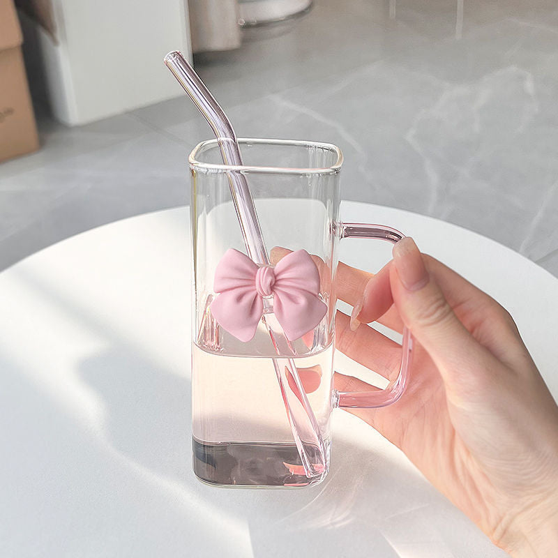 🎀✨ Glass Cup with 3D Bow Decal & Straw ✨🎀