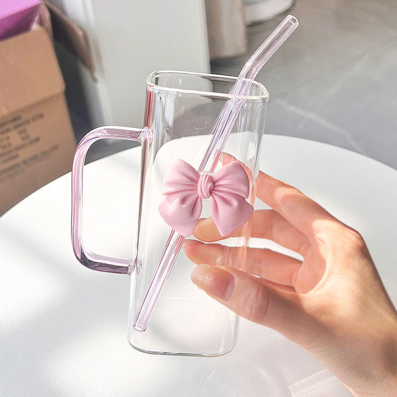 🎀✨ Glass Cup with 3D Bow Decal & Straw ✨🎀