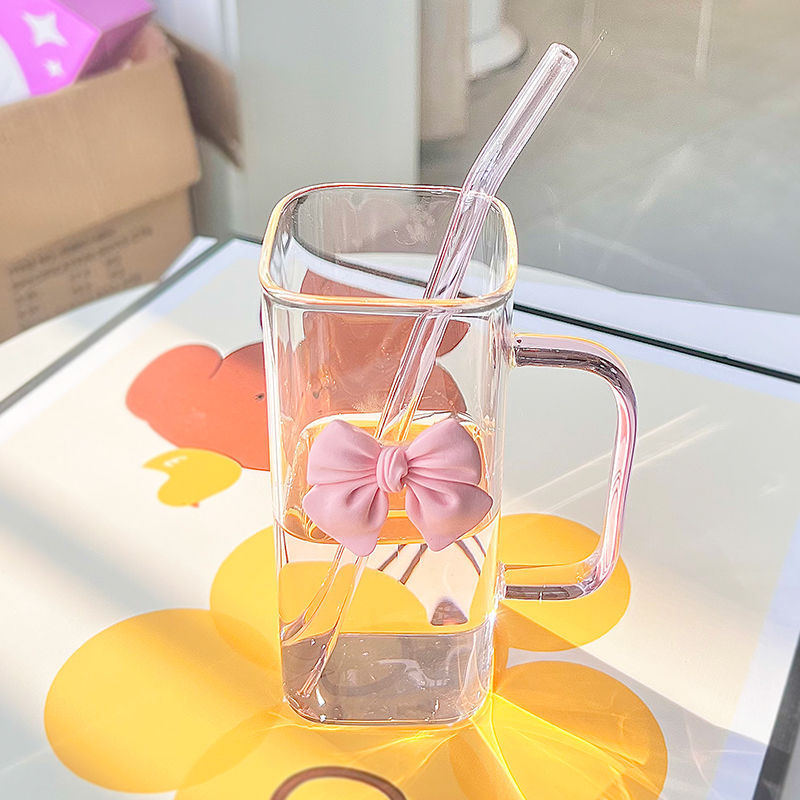 🎀✨ Glass Cup with 3D Bow Decal & Straw ✨🎀