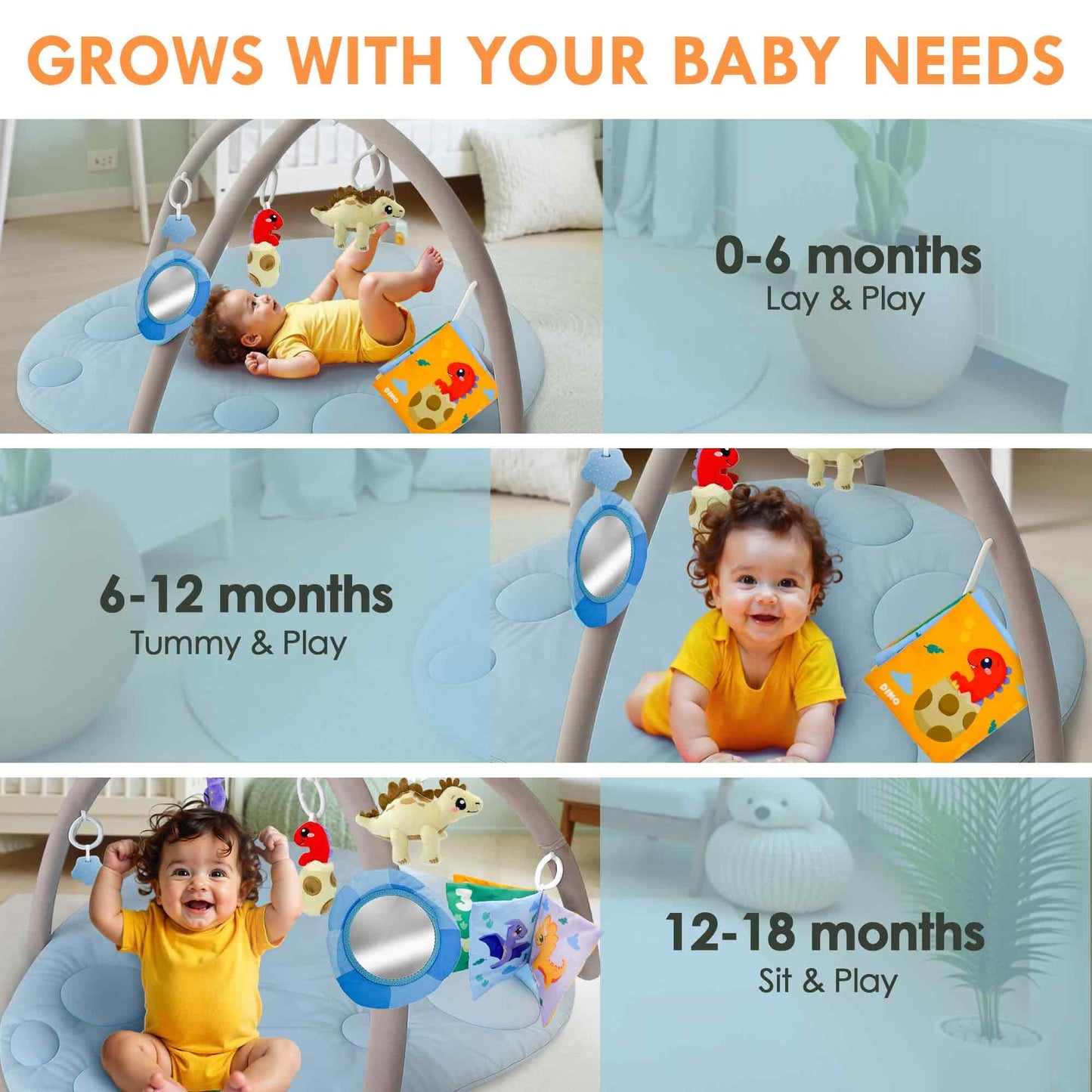 Baby Play Gym Mat Tummy Time Mat with 6 Sensory Toys - Dino