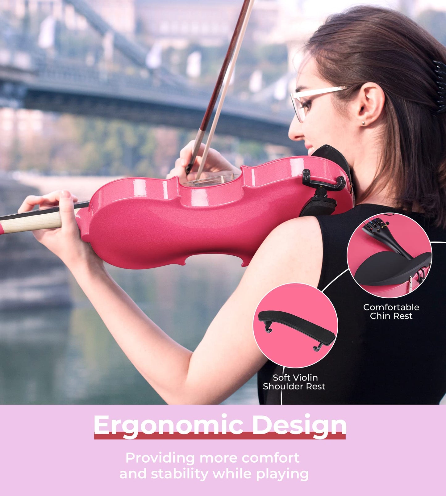 Full Size Pink Acoustic Violin Beginner Set with Case, Bow, Tuner & Accessories