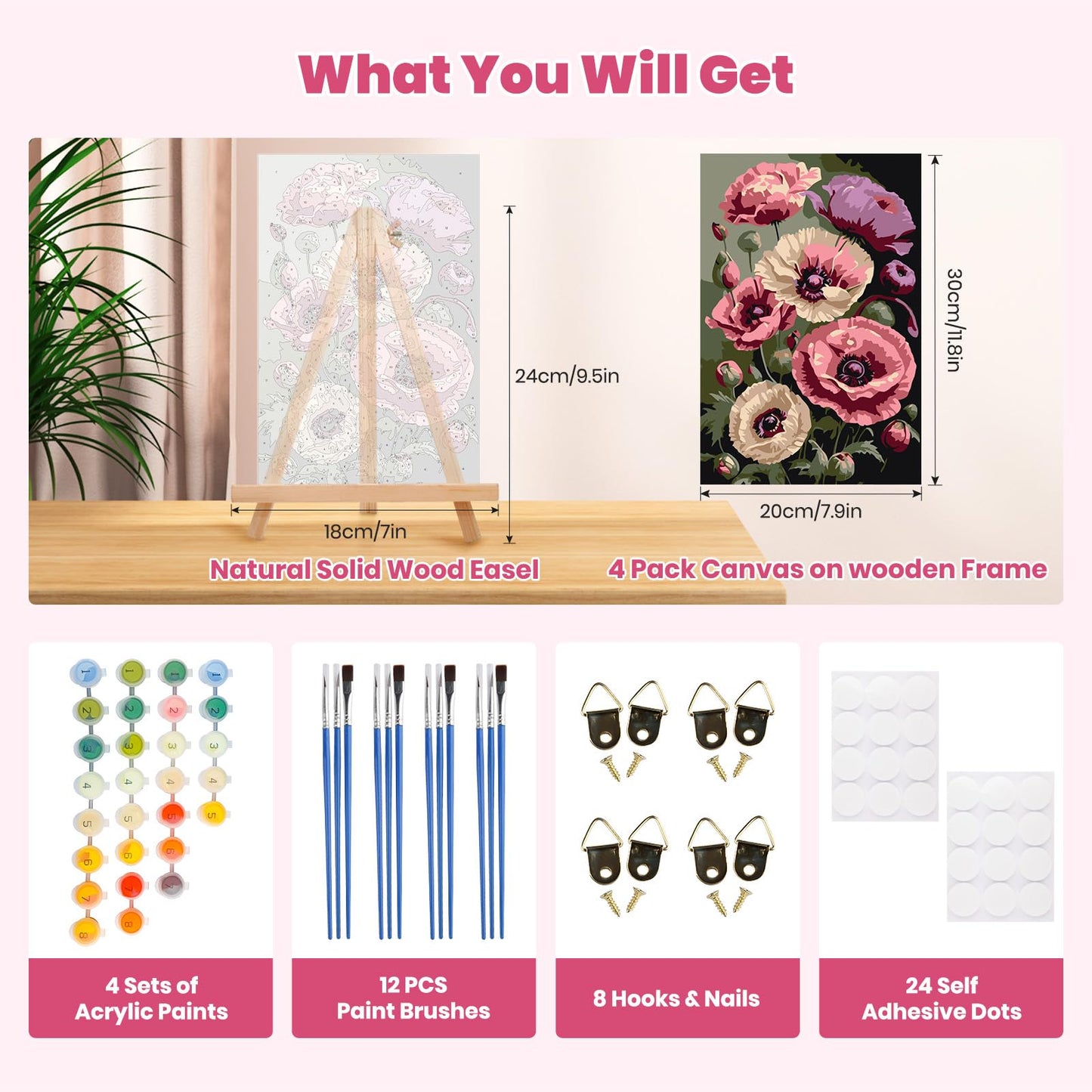 4 Pack Flowers Paint by Numbers Kit with Easel & Framed Canvas, Acrylic Paints & Brushes